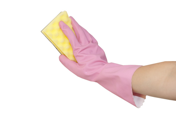 umyć ręce w różowe rękawiczki białe płytki - Zdjęcie, obraz
