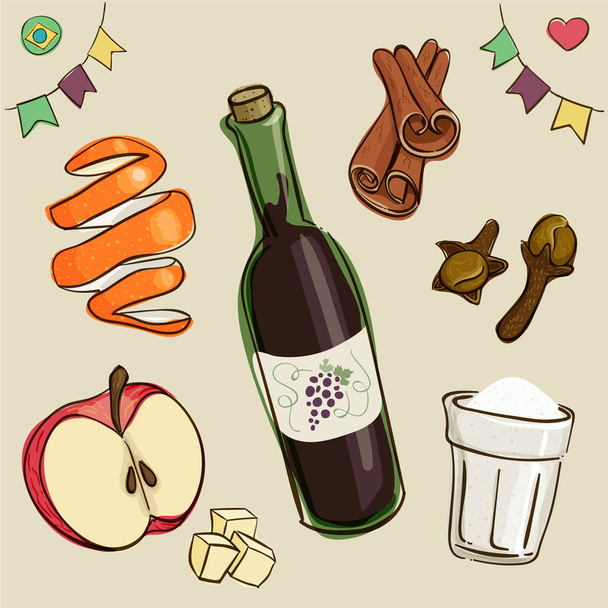 Svařené víno ingredience: víno, cukr; nakrájené jablka; pomerančová kůra; skořice a suché hřebíček. - Vektor, obrázek