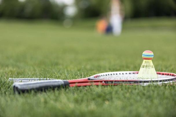 Badminton racquets and shuttlecock on grass  - Фото, зображення