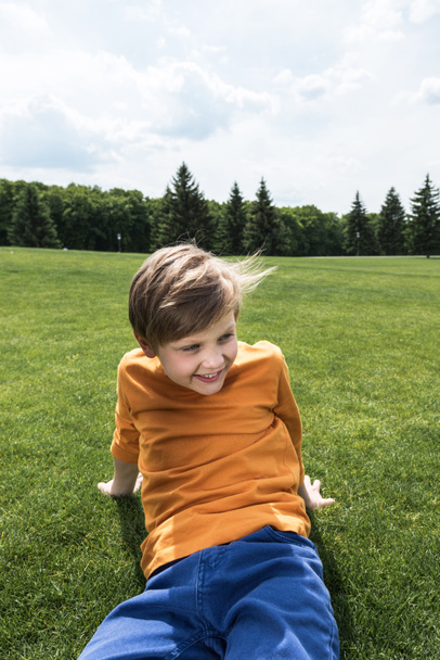 boy resting on green lawn - Photo, Image