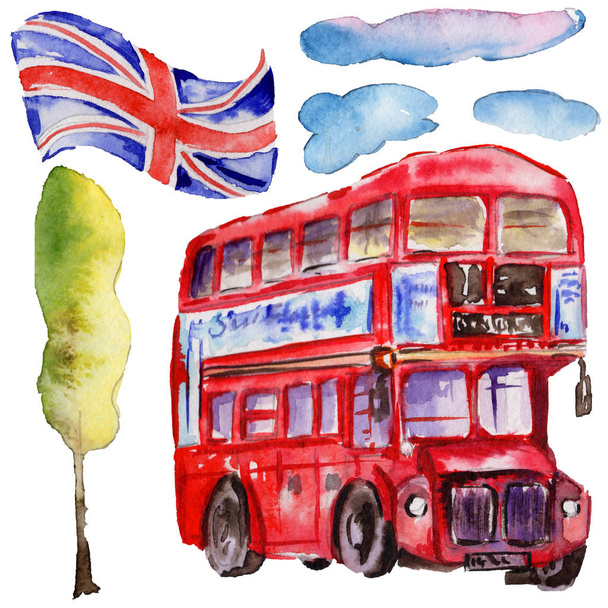 Illustrazione acquerello Londra. Gran Bretagna disegnato a mano simboli. Autobus britannico
 - Foto, immagini