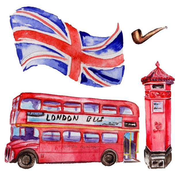 Watercolor London illustration. Great Britain hand drawn symbols. British bus - Photo, Image