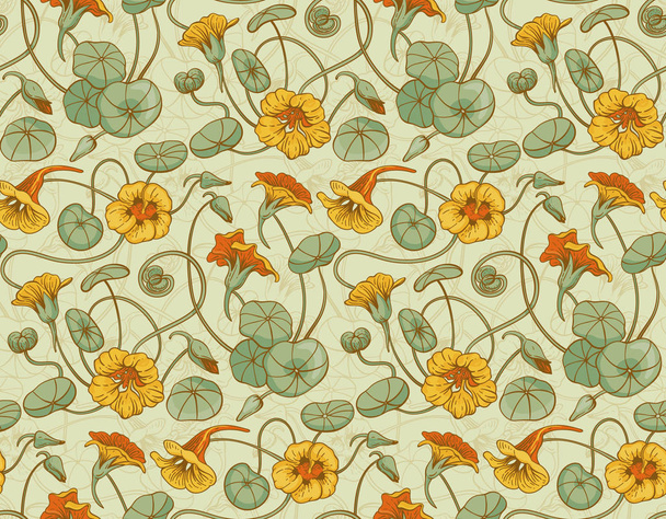 Seamless vector pattern with red and yellow nasturtium flowers and leaves on beige background - Vector, Imagen