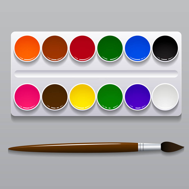 Watercolor paints in a box with a brush. - Vector, Image