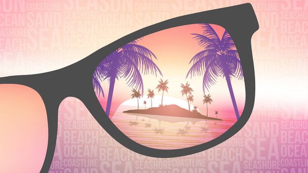 Sommerstrand tropische Insel mit Sonnenbrille auf verschwommenem Hintergrund - Vektor, Bild