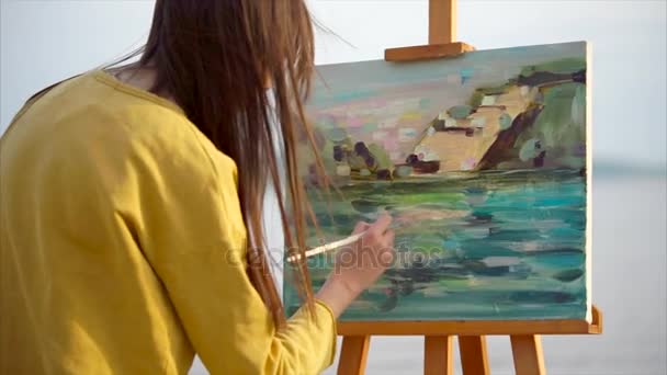 Kobieta artysta malarstwo krajobraz odkryty - Materiał filmowy, wideo