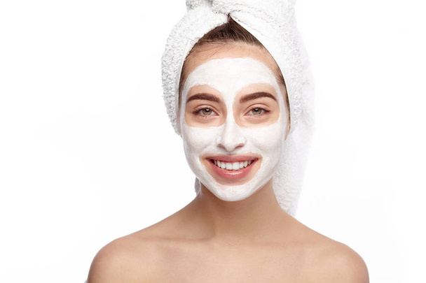 Cheerful woman with white mask  - Φωτογραφία, εικόνα