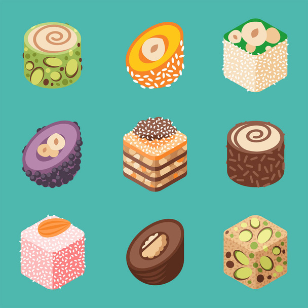 East delicious dessert isolated sweets food confectionery homemade assortment vector illustration - Vector, Image