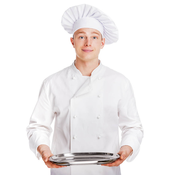 Chef isolated over white background holding tray. - Photo, Image