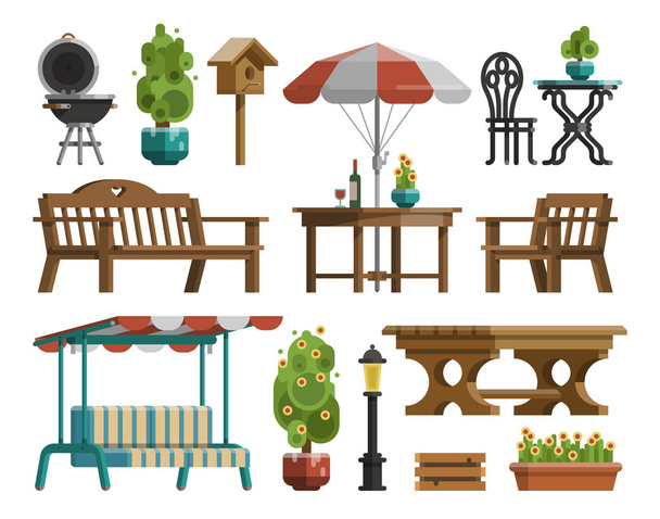 Garden furniture, tables, chairs, decorative trees - Vecteur, image
