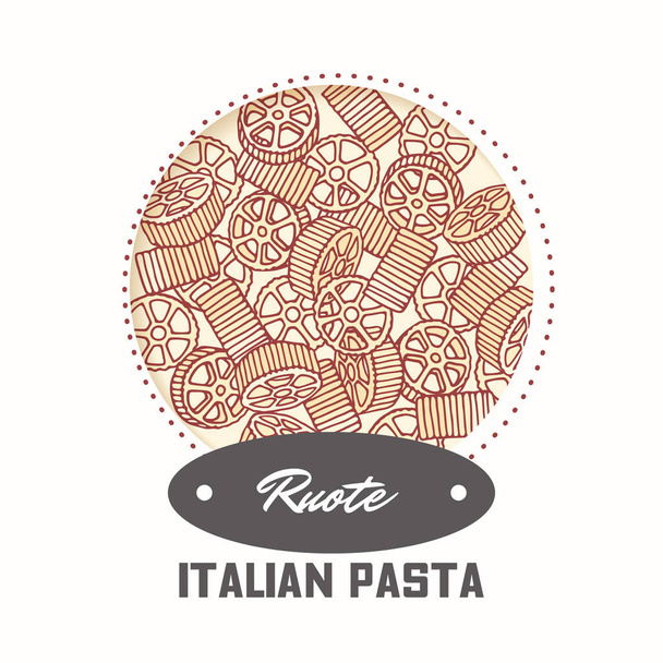 Sticker with hand drawn pasta rotelle or ruote isolated on white. Template for food package design - Vector, Image