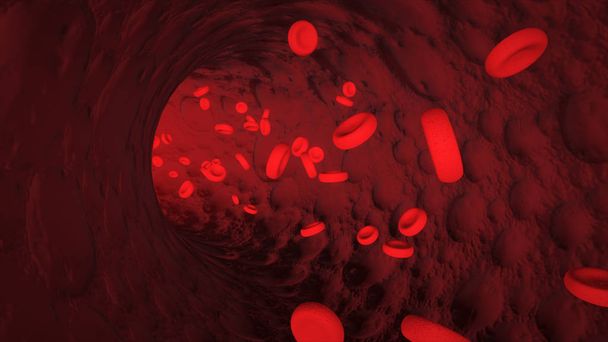 Czerwonych krwinek w krwiobiegu makro widoku. Ilustracja 3d badania naukowe medycyny i biologii. - Zdjęcie, obraz
