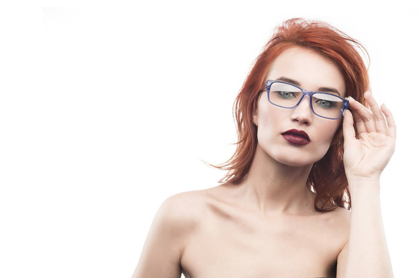 Eyewear glasses woman portrait isolated on white - Фото, изображение