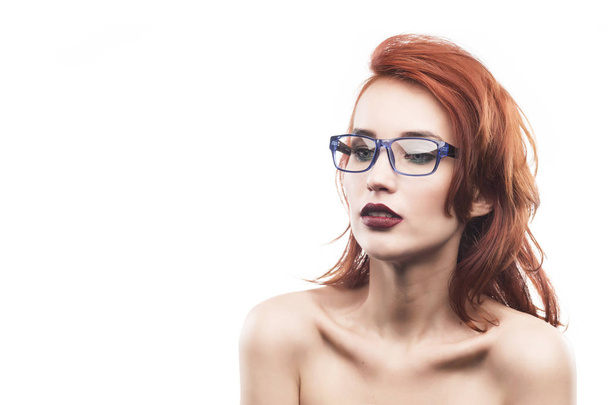 Eyewear glasses woman portrait isolated on white - 写真・画像