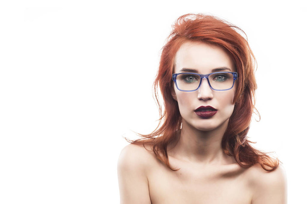 Eyewear glasses woman portrait isolated on white - Fotó, kép