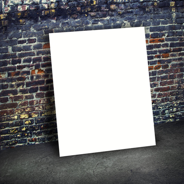Blank white board with brick wall on concrete floor background  - Photo, Image
