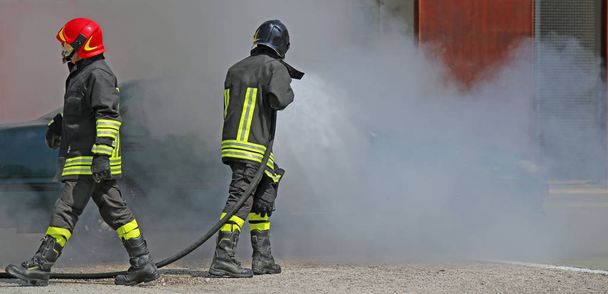 Két tűzoltók, egységes és védő sisak alatt egy fenyő - Fotó, kép