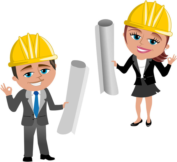 Smiling cartoon architect with helmet and Ok hand gesture holdin - Vector, Image