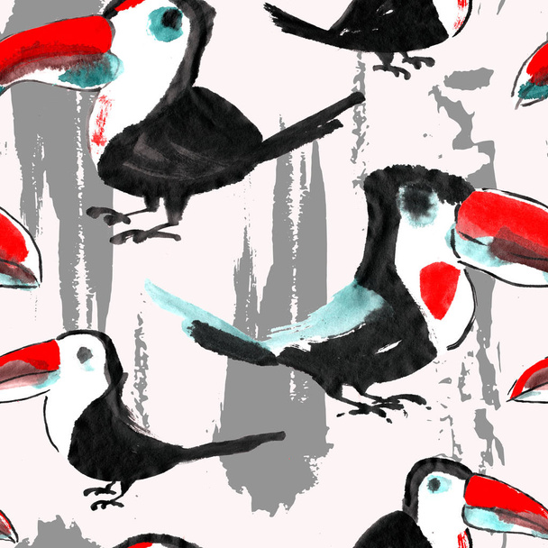 オオハシ パターン。シームレスな熱帯の鳥の壁紙. - 写真・画像