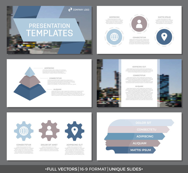 Set of blue and brown elements for multipurpose presentation template slides with graphs and charts. Leaflet, corporate report, marketing, advertising, annual report, book cover design. - Vector, Image