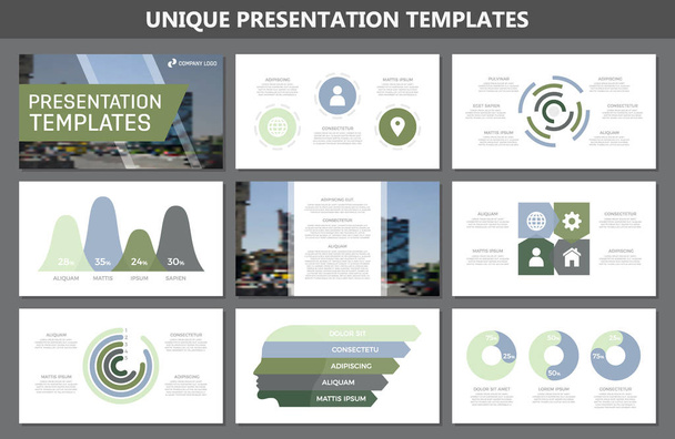 Набор зеленых и синих элементов для многоцелевых слайдов шаблонов презентаций с графиками и графиками. Брошюра, корпоративный отчет, маркетинг, реклама, годовой отчет, дизайн обложки книги
. - Вектор,изображение