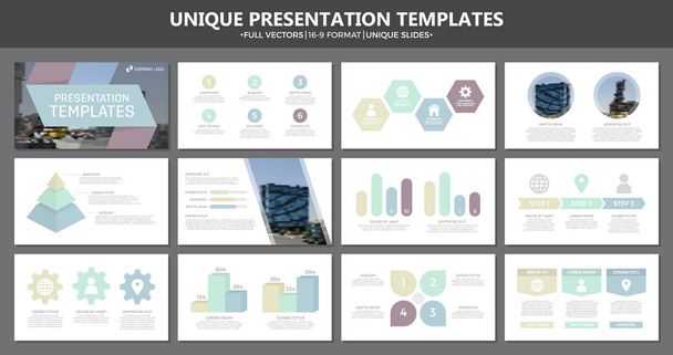 Набір багатокольорових елементів для багатоцільових слайдів шаблонів презентації з графіками та діаграмами. Листівки, корпоративний звіт, маркетинг, реклама, щорічний звіт, дизайн обкладинки книг
. - Вектор, зображення