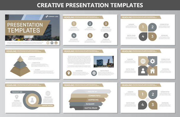 Набір коричневих елементів для багатоцільових слайдів шаблонів презентації з графіками та діаграмами. Листівки, корпоративний звіт, маркетинг, реклама, щорічний звіт, дизайн обкладинки книг
. - Вектор, зображення