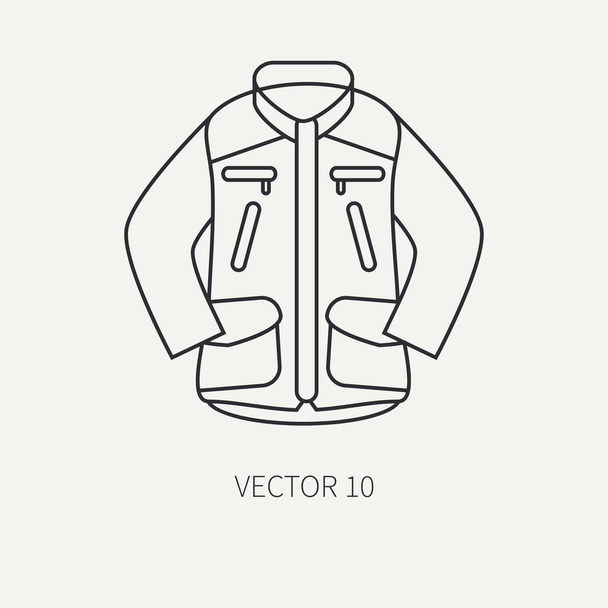 Line flat vector hunt and camping icon khaki jacket. Hunter equipment, armament. Retro cartoon style. Wildlife travel. Camouflage. Forest. Nature. Illustration and element for your design, wallpaper. - Vektor, kép