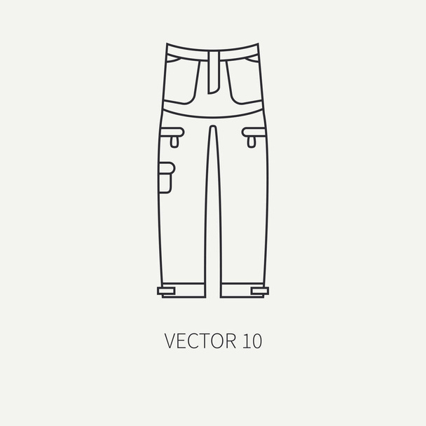 Line flat vector hunt and camping icon khaki pants. Hunter equipment, armament. Retro cartoon style. Wildlife travel. Camouflage. Forest. Nature. Illustration and element for your design, wallpaper. - Vektör, Görsel