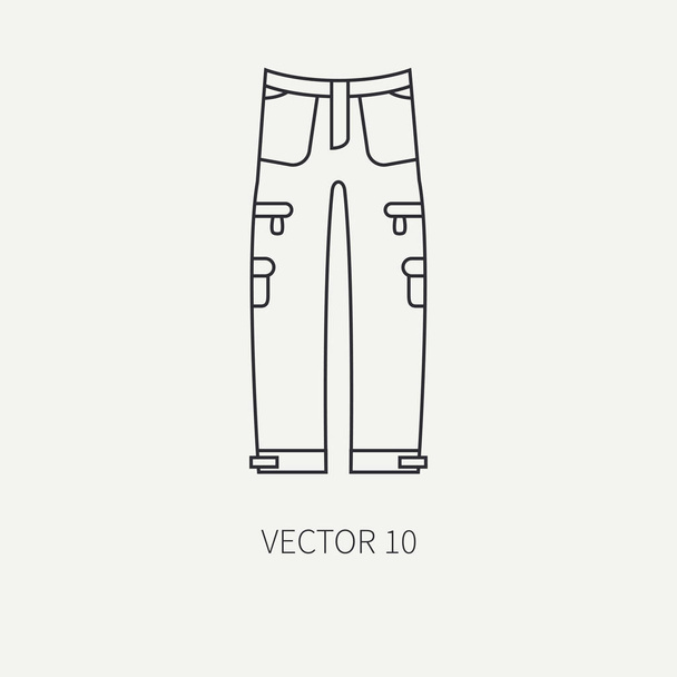 Line flat vector hunt and camping icon khaki pants. Hunter equipment, armament. Retro cartoon style. Wildlife travel. Camouflage. Forest. Nature. Illustration and element for your design, wallpaper. - Vektori, kuva