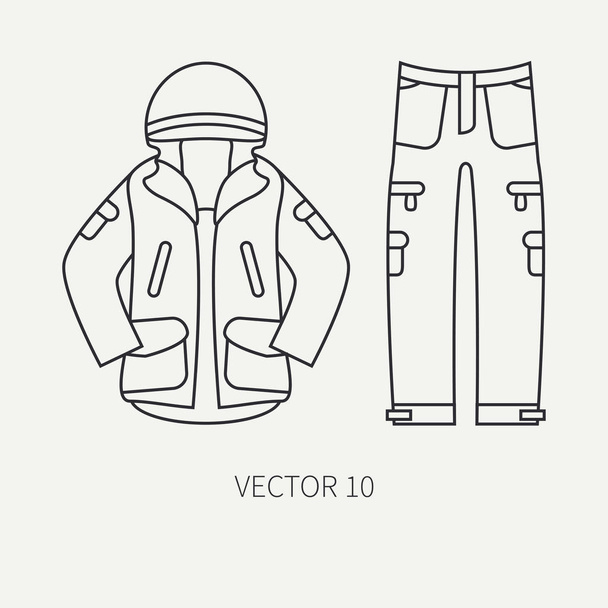 Line flat vector hunt and camping icon khaki jacket, pants. Hunter equipment. Retro cartoon style. Wildlife travel. Camouflage. Forest. Nature. Illustration and element for your design and wallpaper. - Vecteur, image
