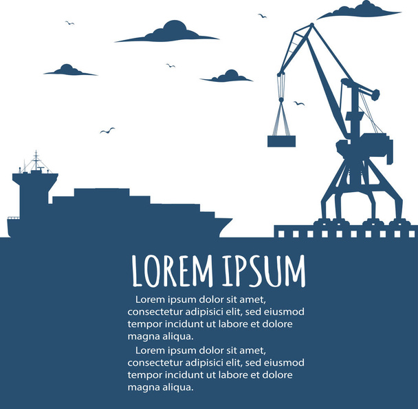Seaport banner with port crane silhouette - Vector, Image