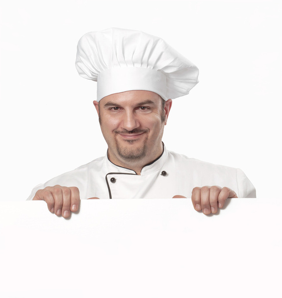 Cook holding white card Cook holding white panel. - Фото, изображение
