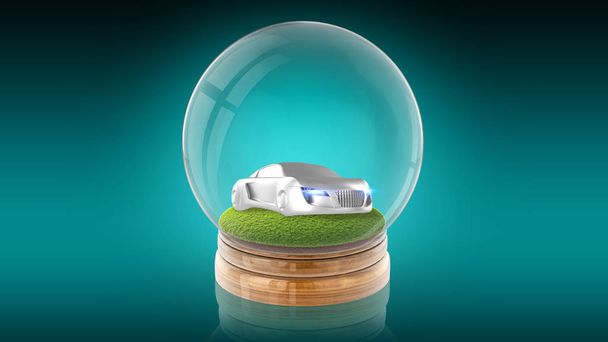 Transparent sphere ball with car on the grass inside. 3D rendering. - Photo, image