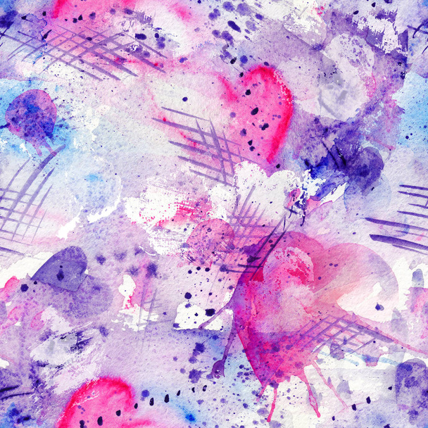 Abstract watercolor seamless pattern with splatter spots, lines, drops, splashes and hearts - Foto, imagen