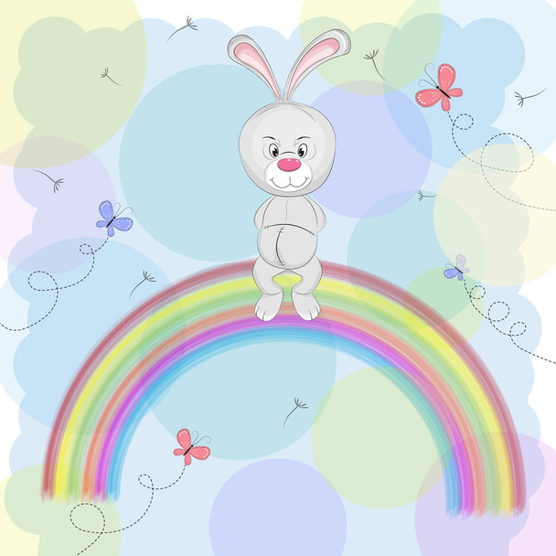 Cartoon a cute happy rabbit   sitting on the rainbow.  - Vector, Image