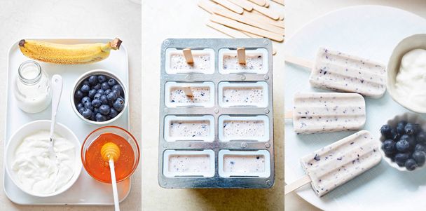 Blueberry honing yoghurt ijs ijslollys stap voor stap  - Foto, afbeelding