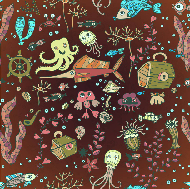 Детские каракули Рыбное море
 - Вектор,изображение
