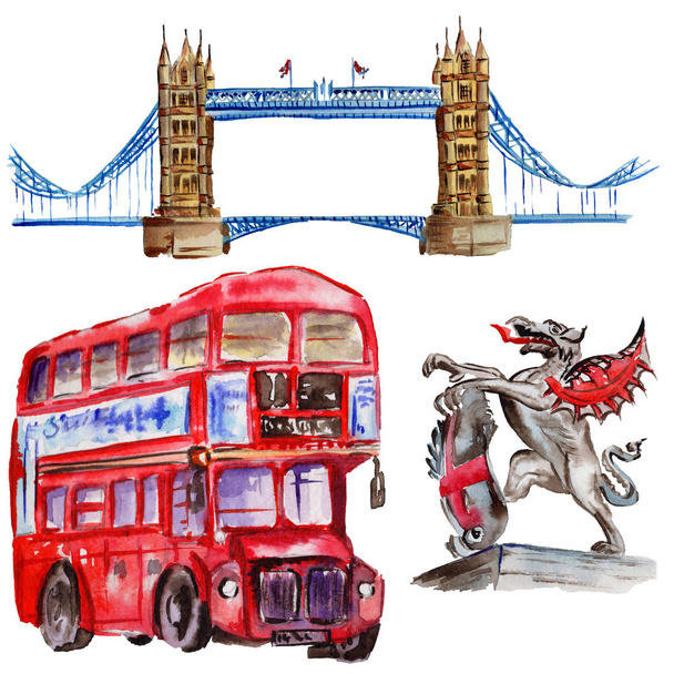 Illustration Londres aquarelle. Grande-Bretagne dessinés à la main symboles. Bus britannique
 - Photo, image