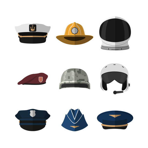 Cappelli e caschi. Copricapo di soldato, aviatore, poliziotto e capitano. Icona di cappuccio in stile piatto
 - Vettoriali, immagini