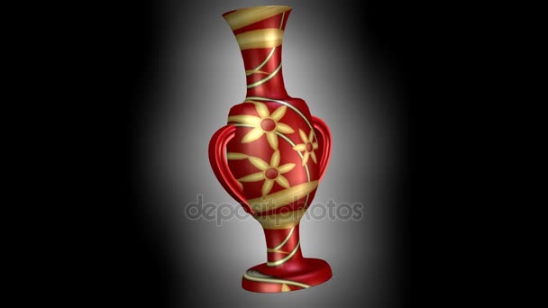 Lujoso utensilio oriental anticuario 3d con motivos florales dorados sobre fondo rojo, jarra sobre fondo negro con brillo blanco
 - Imágenes, Vídeo