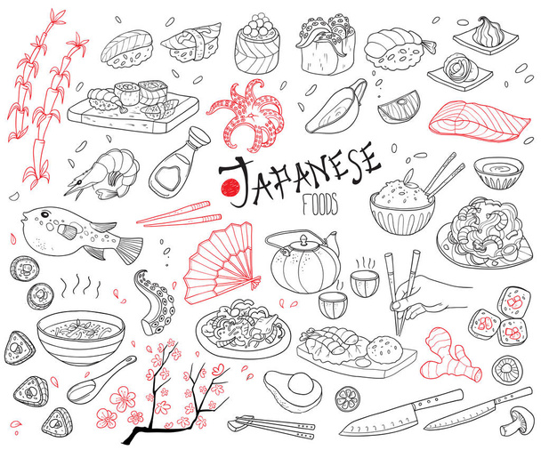 Hand Drawn Japanese Cuisine Elements Set - Вектор, зображення
