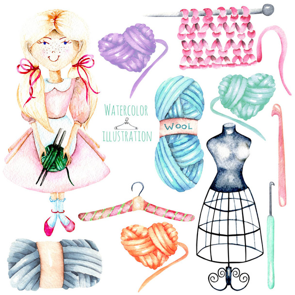 Set of watercolor cute Girl-needlewoman and knitting elements: yarn, knitting needles and crochet hooks - Photo, Image