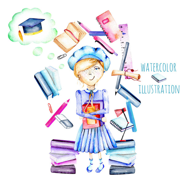 Illustration of watercolor smart schoolgirl, books and stationery objects - Photo, Image