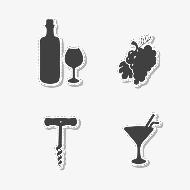Set of hand drawn stickers with wine bottle and glass, grape bunch, cocktail and corkscrew. Templates for design or brand identity - Vector, Image