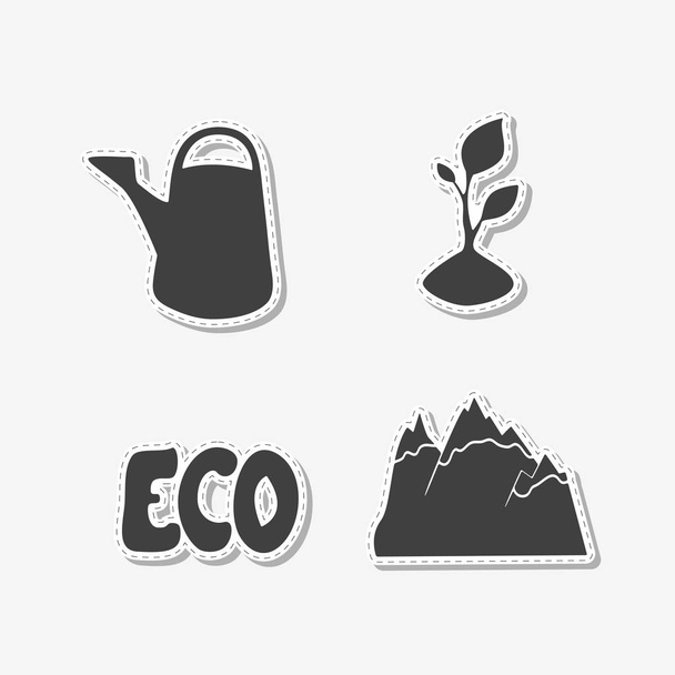 Conjunto de adesivos desenhados à mão com regador, broto, montanhas e signo ecológico. Modelos para design ou identidade de marca
 - Vetor, Imagem