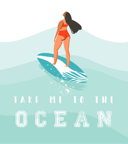 Hand getekende abstracte schattig zomertijd beach surfer girl vectorillustratie met rode bikini, surfplank en moderne kalligrafie citaat Breng me naar de oceaan geïsoleerd op blauwe Golf getextureerde achtergrond - Vector, afbeelding