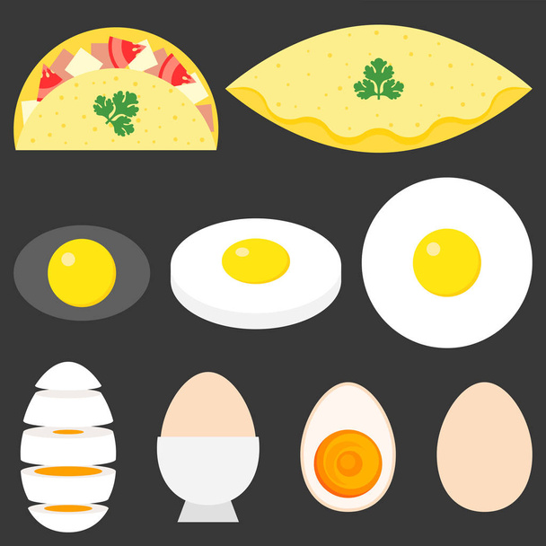 目玉焼き、オムレツ、ゆで卵、卵、フラットなデザインのスライスのコレクション - ベクター画像