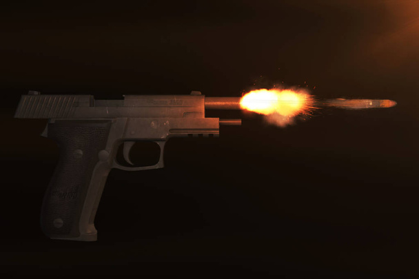 Ilustração 3D realista de um tiro de pistola e um voo de bala
 - Foto, Imagem