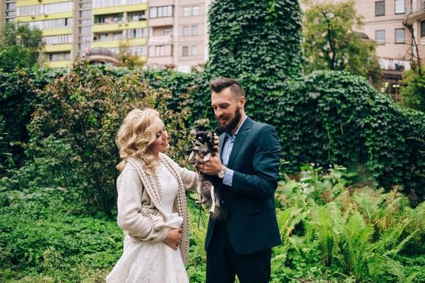 Married couple having fun with dog - Photo, Image